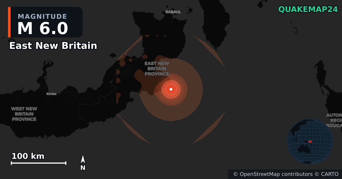Sismo de M6,0 perto de East New Britain (Papua-Nova Guiné) · 2026-10-13 — Mapa da localização do epicentro