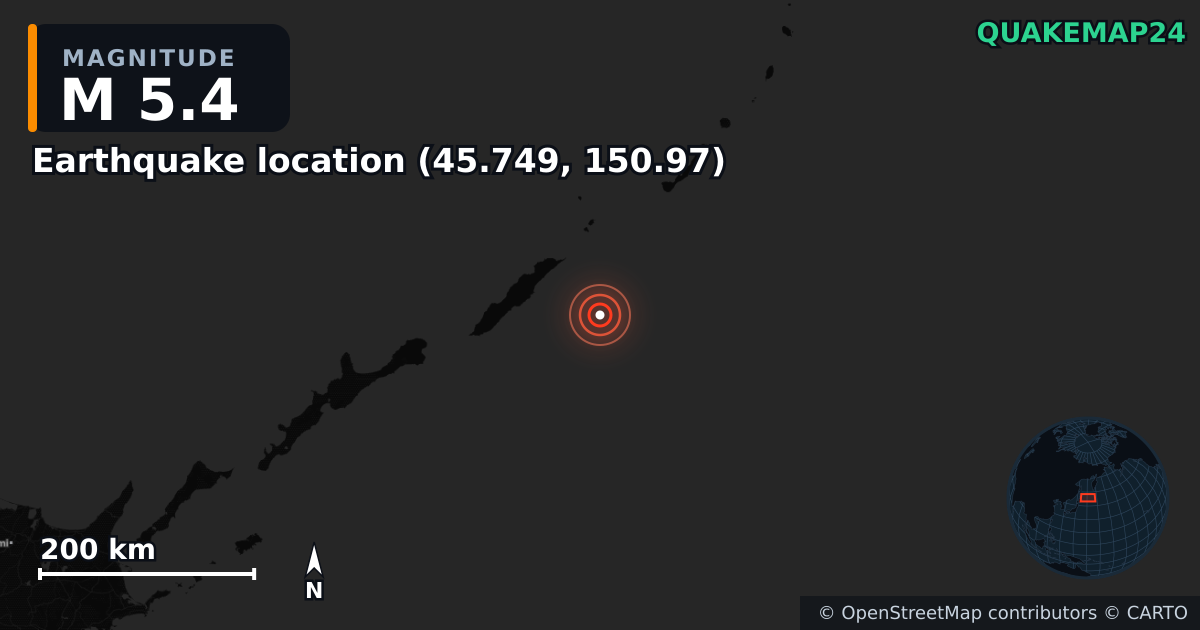 M5.4 earthquake near Τοποθεσία σεισμού (45.749, 150.97) on Feb 15, 2026 — map of epicenter and shaking intensity | QuakeMap24