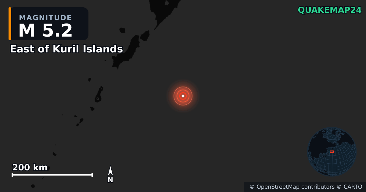 M5.2 earthquake near East of Kuril Islands on Sep 27, 2025 — map of epicenter and shaking intensity | QuakeMap24