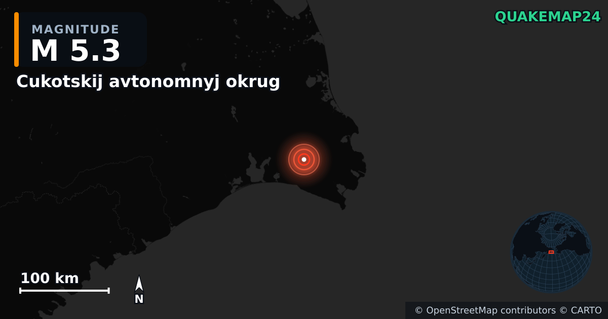 M5.3 earthquake near Cukotskij avtonomnyj okrug on May 11, 2025 — map of epicenter and shaking intensity | QuakeMap24