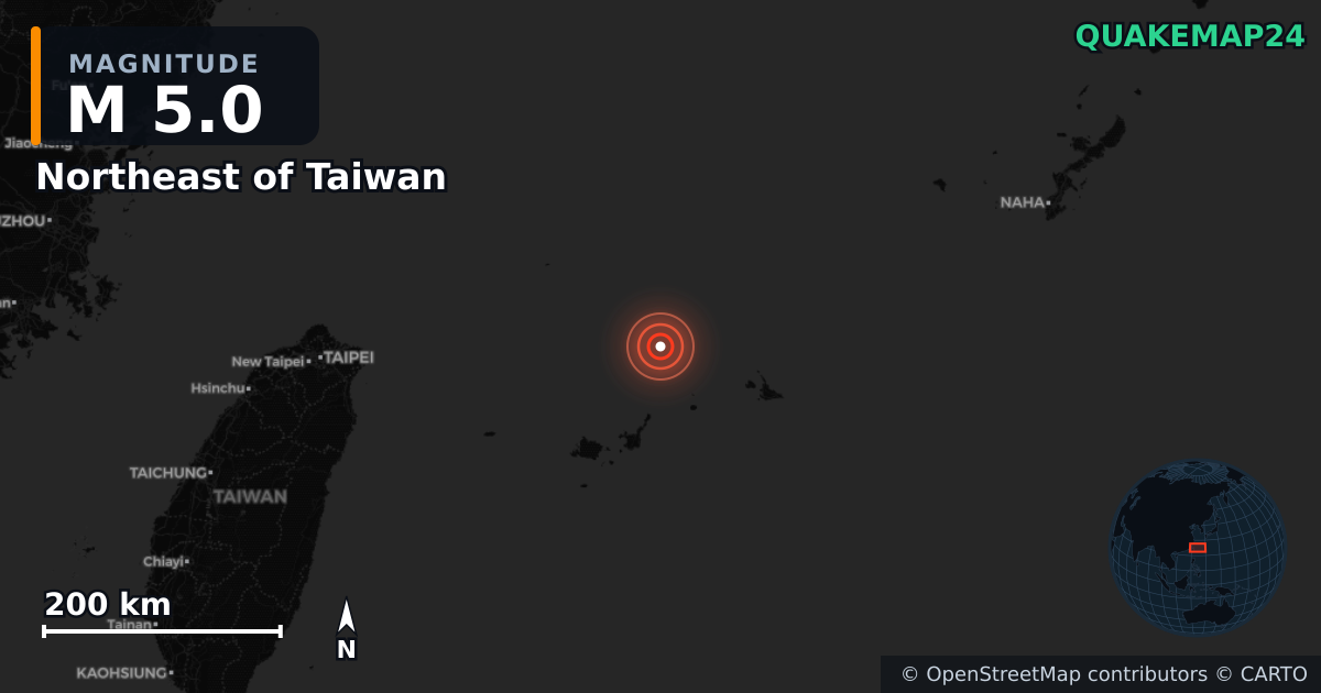 M5.0 earthquake near Northeast of Taiwan on Nov 13, 2025 — map of epicenter and shaking intensity | QuakeMap24