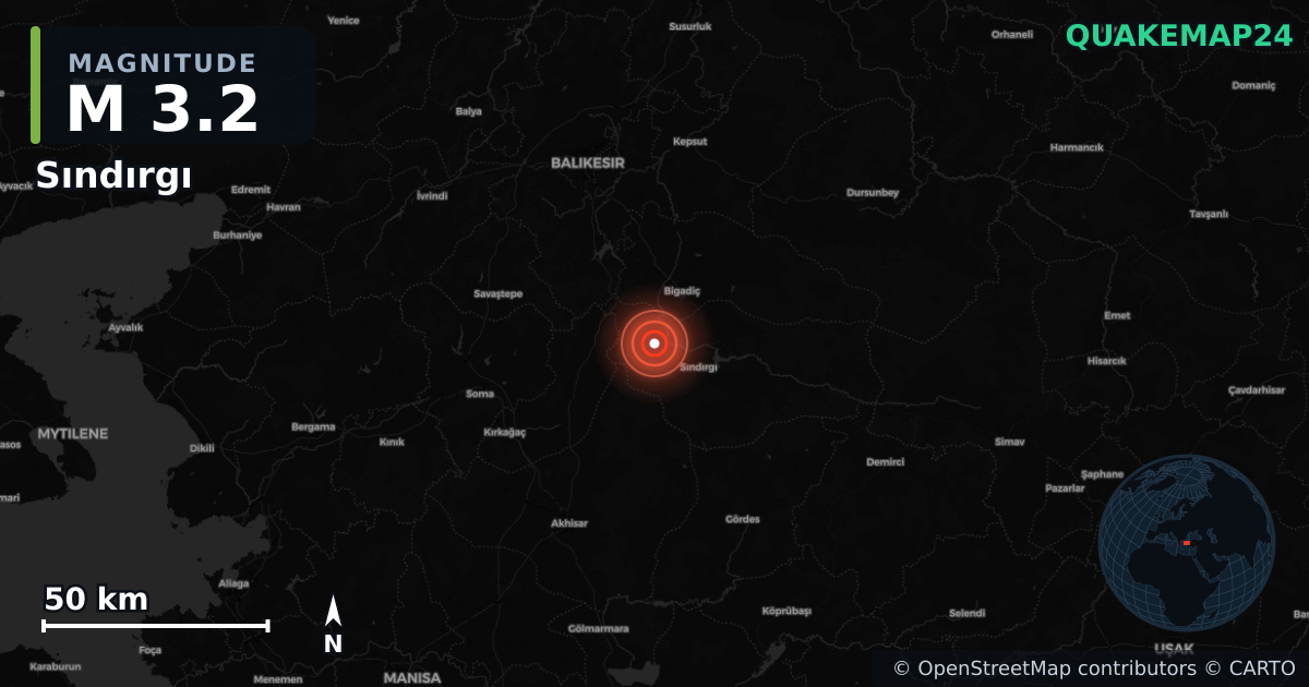 M3.2 earthquake near Sındırgı on Aug 16, 2025 — map of epicenter and shaking intensity | QuakeMap24