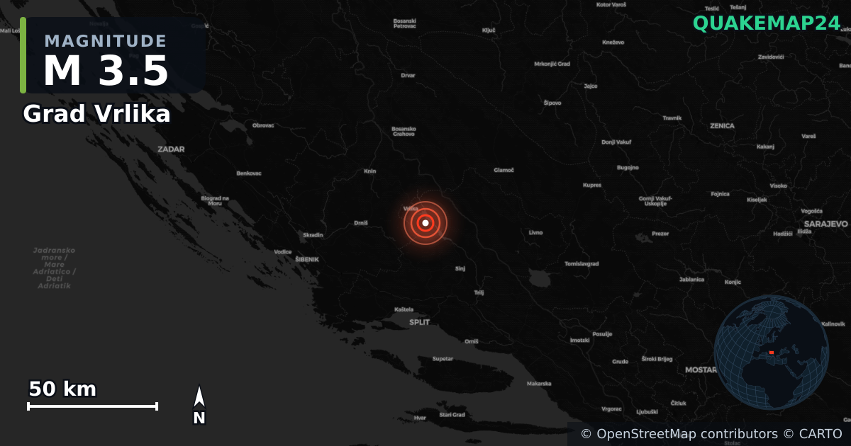 M3.5 earthquake near Grad Vrlika on May 25, 2026 — map of epicenter and shaking intensity | QuakeMap24