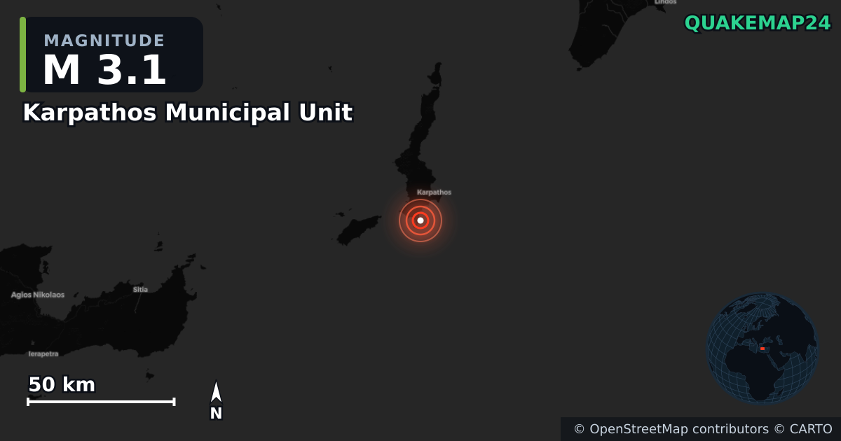 M3.1 earthquake near Karpathos Municipal Unit on Jul 5, 2026 — map of epicenter and shaking intensity | QuakeMap24