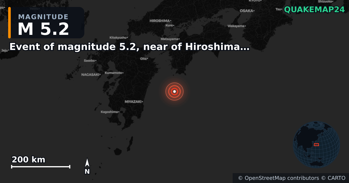 Erdbeben M5,2 bei Event of magnitude 5.2, near of Hiroshima (Monde) — Karte der Lage des Epizentrums