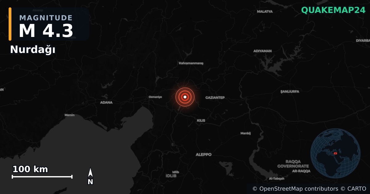 Sismo de M4,3 perto de Nurdağı, Gaziantep (Turquia) · 2026-06-12 — Mapa da localização do epicentro