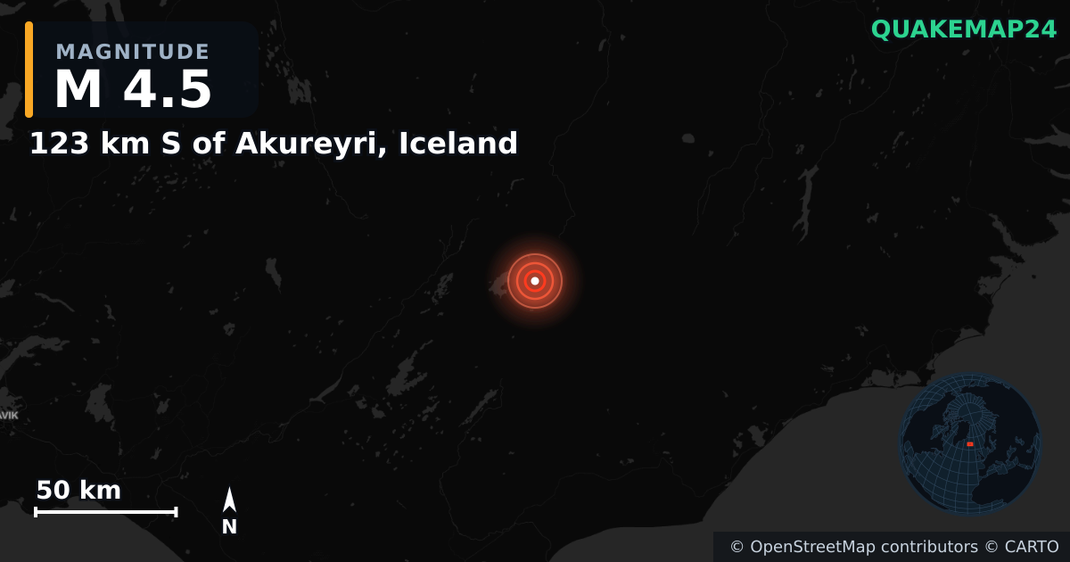 M4.5 earthquake near 123 km S of Akureyri, Iceland on Jan 14, 2025 — map of epicenter and shaking intensity | QuakeMap24