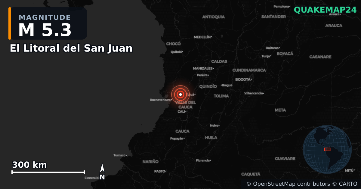 M5.3 earthquake near El Litoral del San Juan on May 14, 2026 — map of epicenter and shaking intensity | QuakeMap24