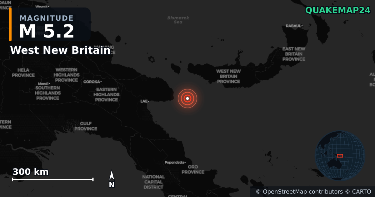M5.2 earthquake near West New Britain on Oct 23, 2025 — map of epicenter and shaking intensity | QuakeMap24