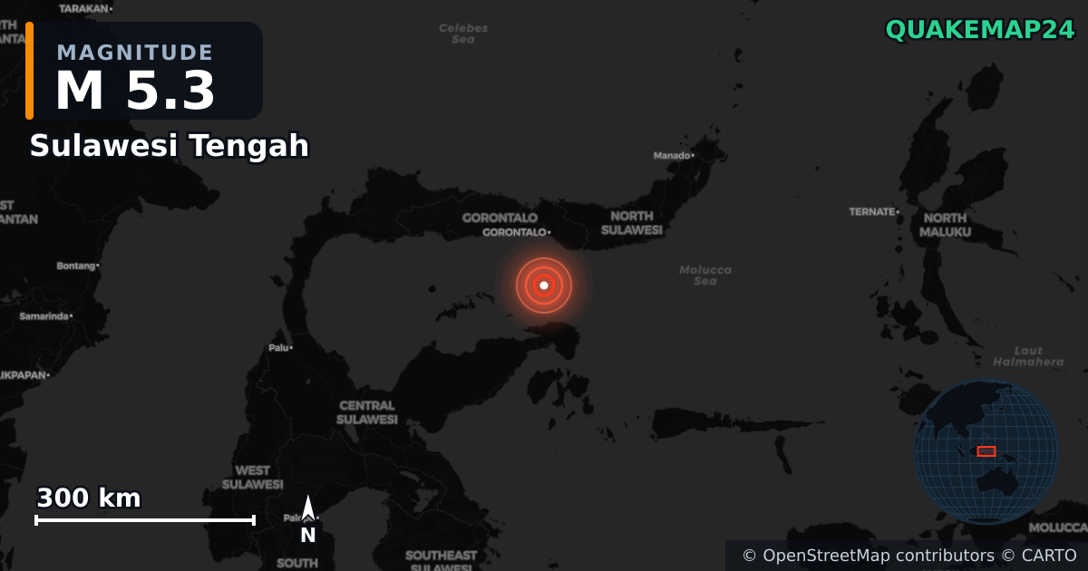 M5.3 earthquake near Sulawesi Tengah on Jun 4, 2026 — map of epicenter and shaking intensity | QuakeMap24