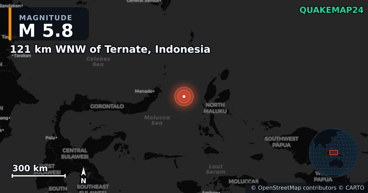 Erdbeben M5,8 bei 121 km WNW of Ternate, Indonesia — Karte der Lage des Epizentrums