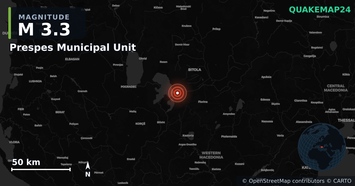 Terremoto de M3,3 cerca de Prespes Municipal Unit, Western Macedonia (Grecia) · 2026-09-27 — Mapa de la ubicación del epicentro