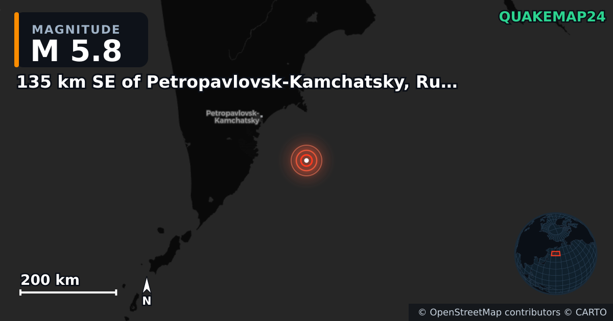 M5.8 earthquake near 135 km SE of Petropavlovsk-Kamchatsky, Russia on Nov 3, 2025 — map of epicenter and shaking intensity | QuakeMap24