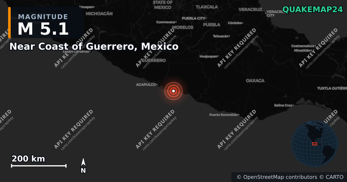 M5.1 earthquake near Near Coast of Guerrero, Mexico on Feb 18, 2026 — map of epicenter and shaking intensity | QuakeMap24