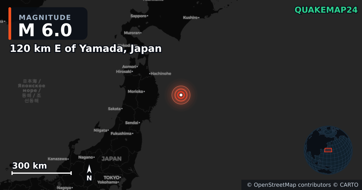 M6.0 earthquake near 120 km E of Yamada, Japan on Nov 10, 2025 — map of epicenter and shaking intensity | QuakeMap24