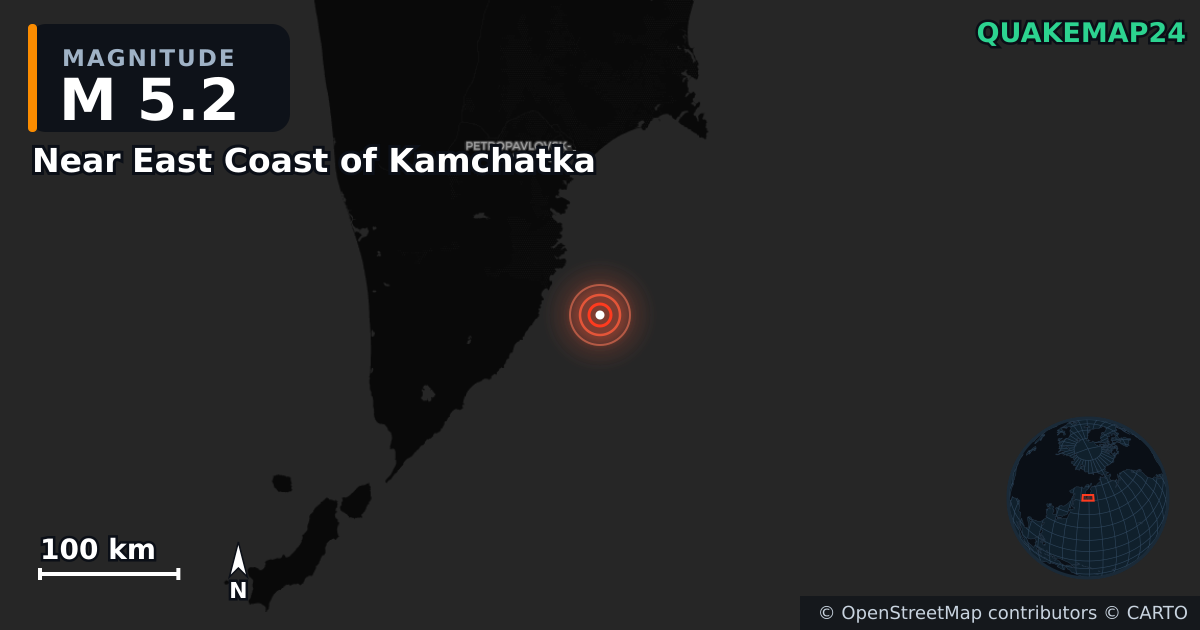 M5.2 earthquake near Near East Coast of Kamchatka on Jul 30, 2025 — map of epicenter and shaking intensity | QuakeMap24