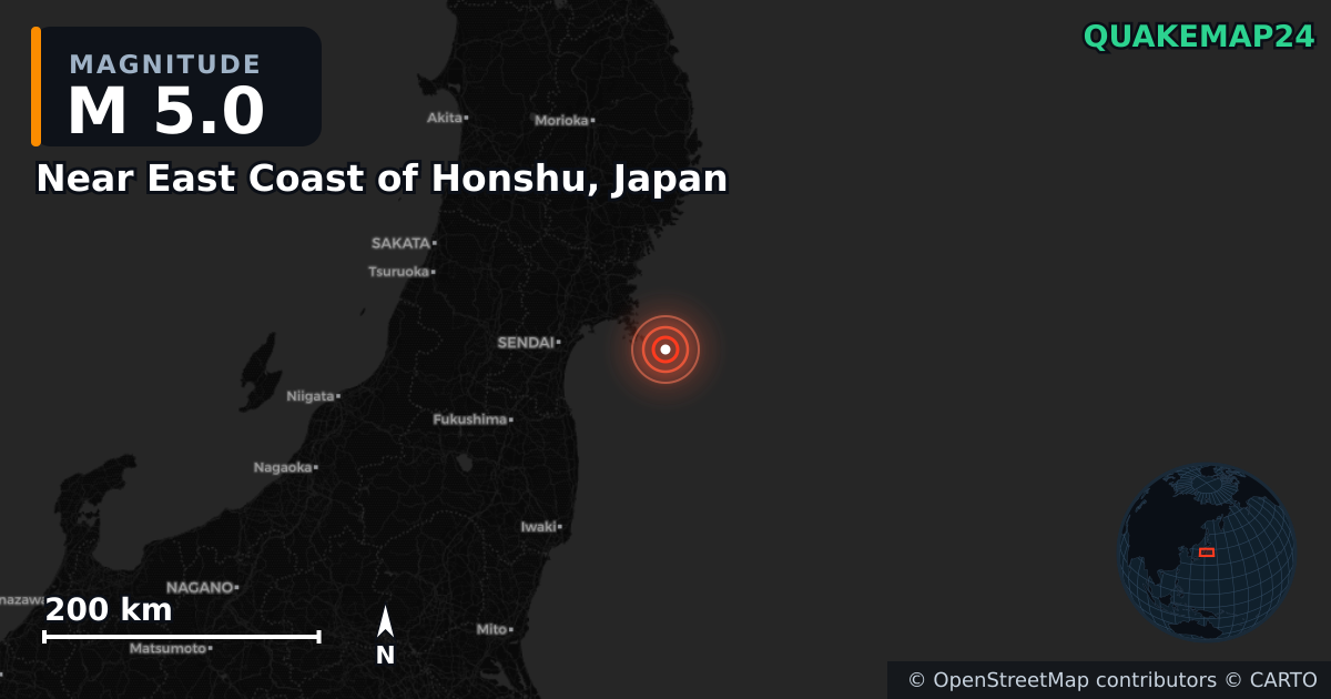 M5.0 earthquake near Near East Coast of Honshu, Japan on Apr 12, 2026 — map of epicenter and shaking intensity | QuakeMap24