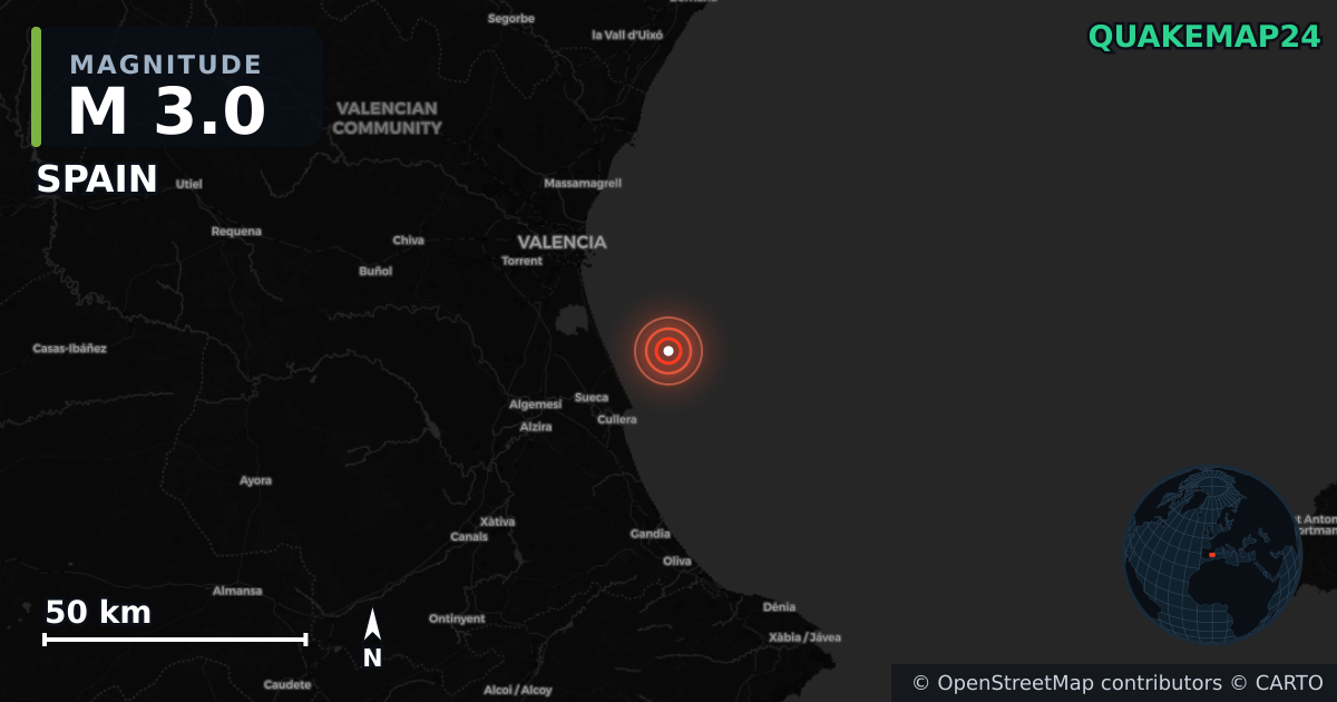M3.0 earthquake near SPAIN on Oct 11, 2025 — map of epicenter and shaking intensity | QuakeMap24