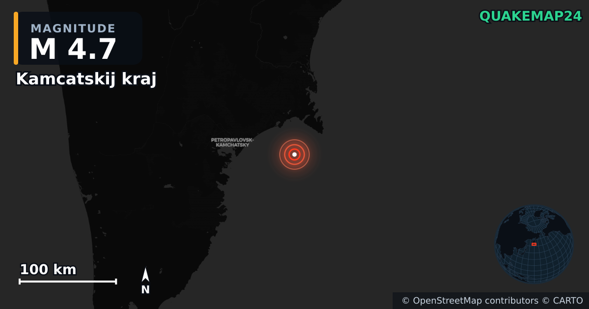 M4.7 earthquake near Kamcatskij kraj on Aug 12, 2025 — map of epicenter and shaking intensity | QuakeMap24