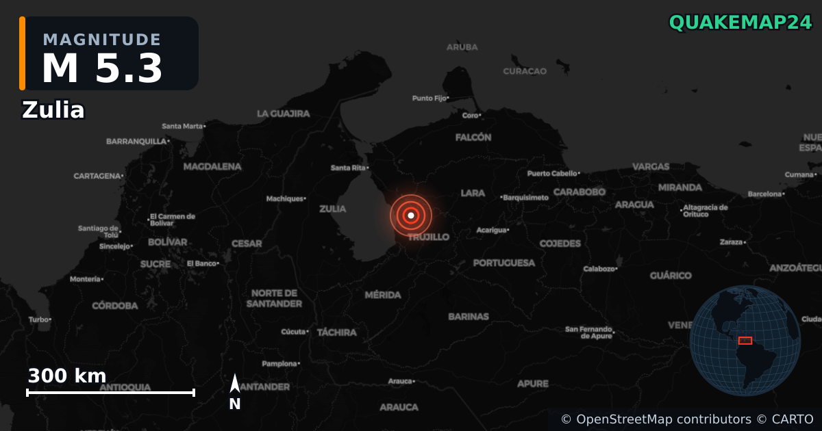 M5.3 earthquake near Zulia on Sep 25, 2025 — map of epicenter and shaking intensity | QuakeMap24