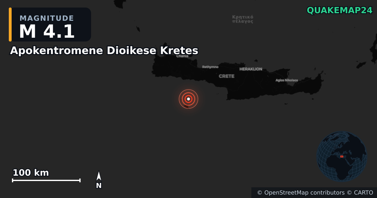 M4.1 earthquake near Apokentromene Dioikese Kretes on Sep 20, 2025 — map of epicenter and shaking intensity | QuakeMap24