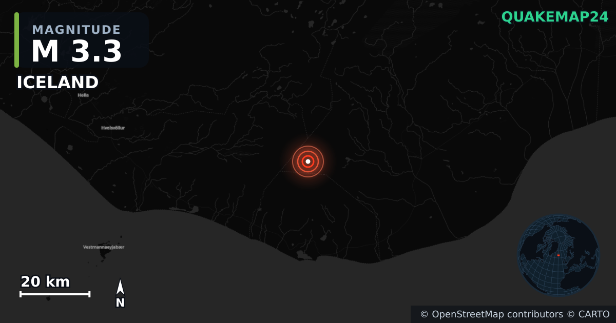 M3.3 earthquake near ICELAND on Oct 20, 2025 — map of epicenter and shaking intensity | QuakeMap24