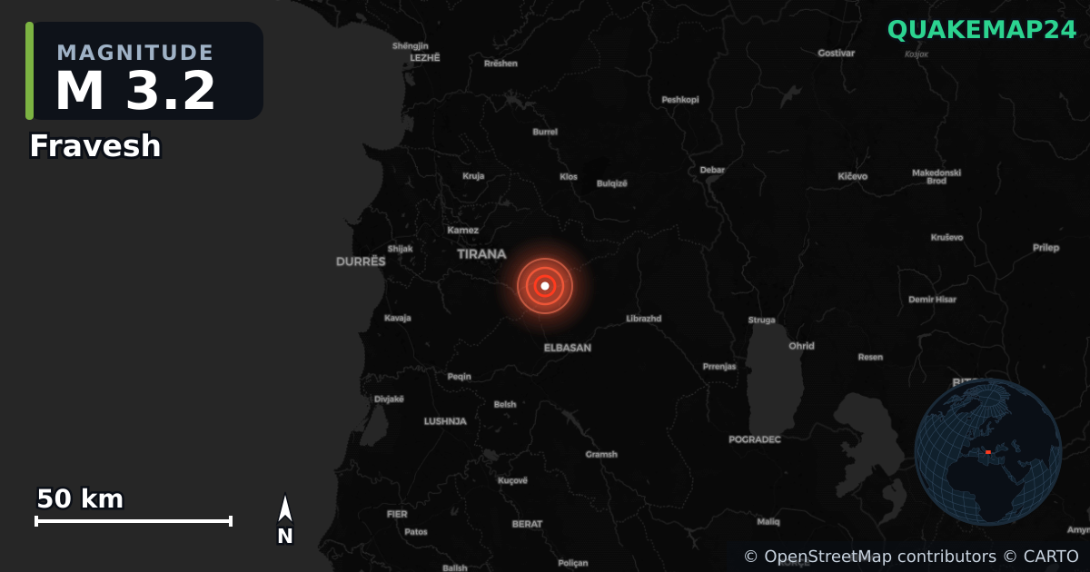 M3.2 earthquake near Fravesh on Dec 13, 2025 — map of epicenter and shaking intensity | QuakeMap24