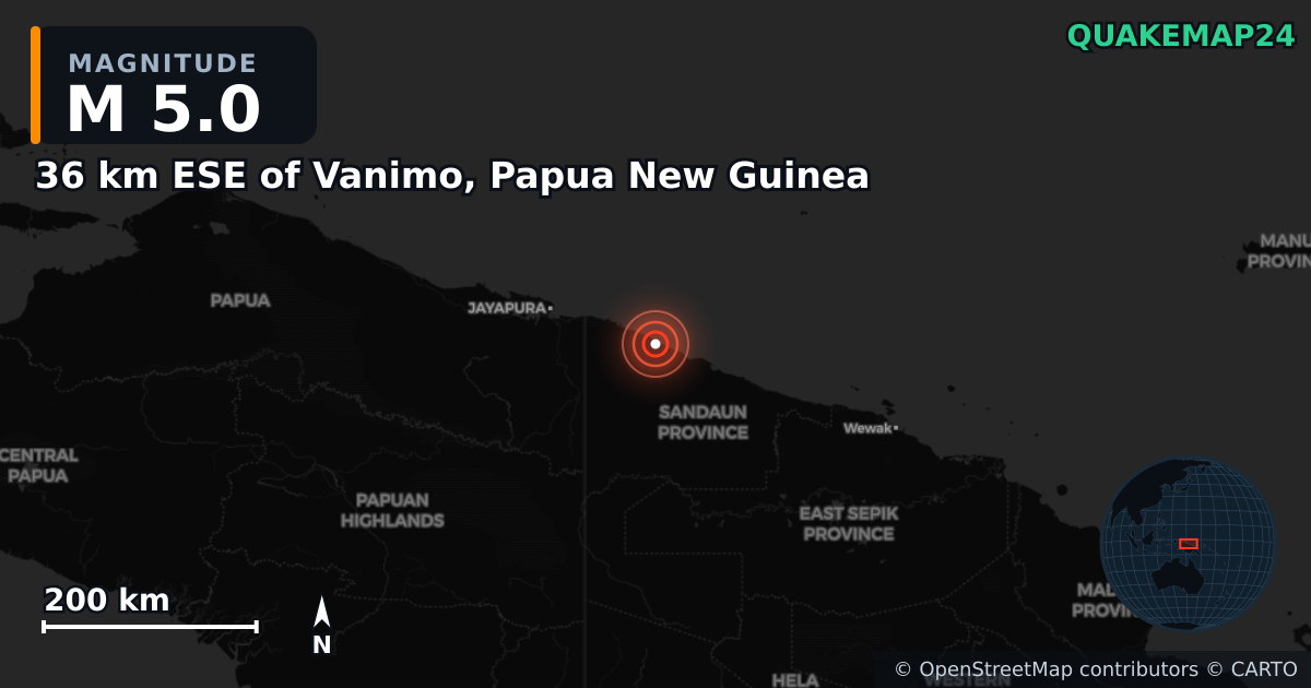 M5.0 earthquake near 36 km ESE of Vanimo, Papua New Guinea on Feb 6, 2025 — map of epicenter and shaking intensity | QuakeMap24