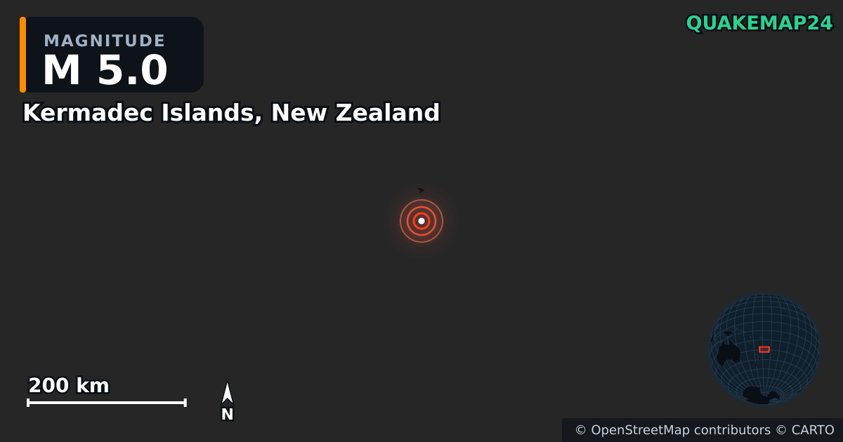 M5.0 earthquake near Kermadec Islands, New Zealand on Jul 22, 2026 — map of epicenter and shaking intensity | QuakeMap24