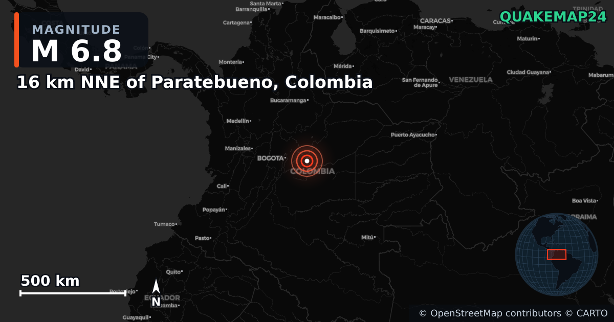 M6.8 earthquake near 16 km NNE of Paratebueno, Colombia on Jun 8, 2025 — map of epicenter and shaking intensity | QuakeMap24