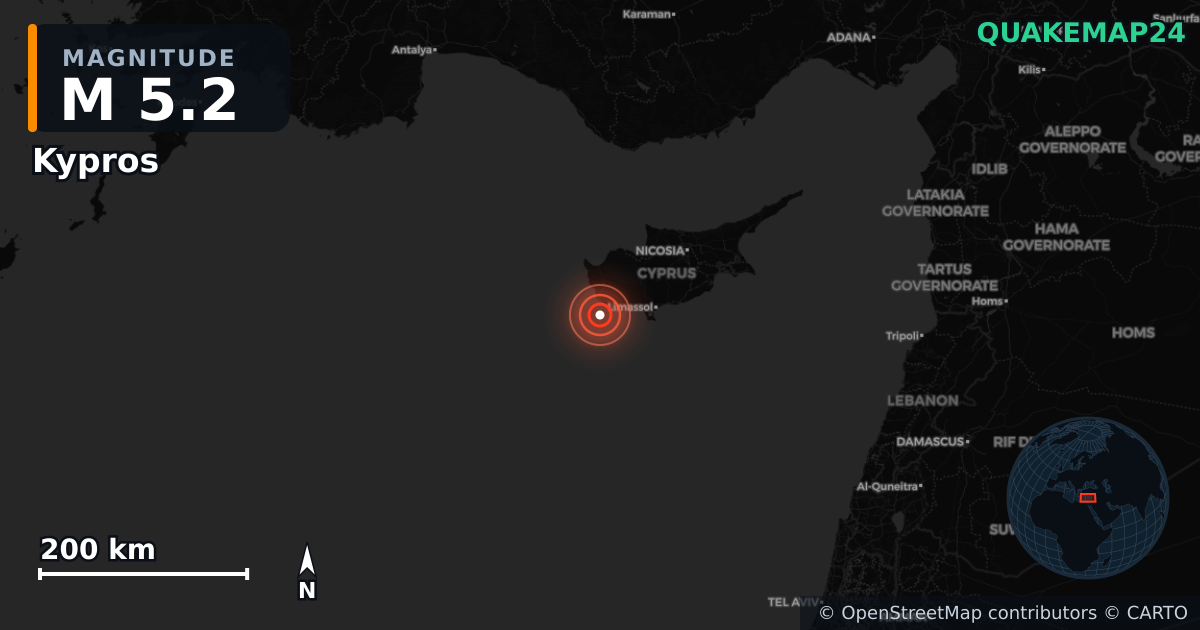 M5.2 earthquake near Kypros on Nov 12, 2025 — map of epicenter and shaking intensity | QuakeMap24
