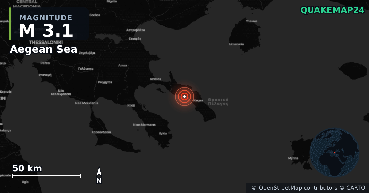 M3.1 earthquake near Aegean Sea on Apr 5, 2026 — map of epicenter and shaking intensity | QuakeMap24