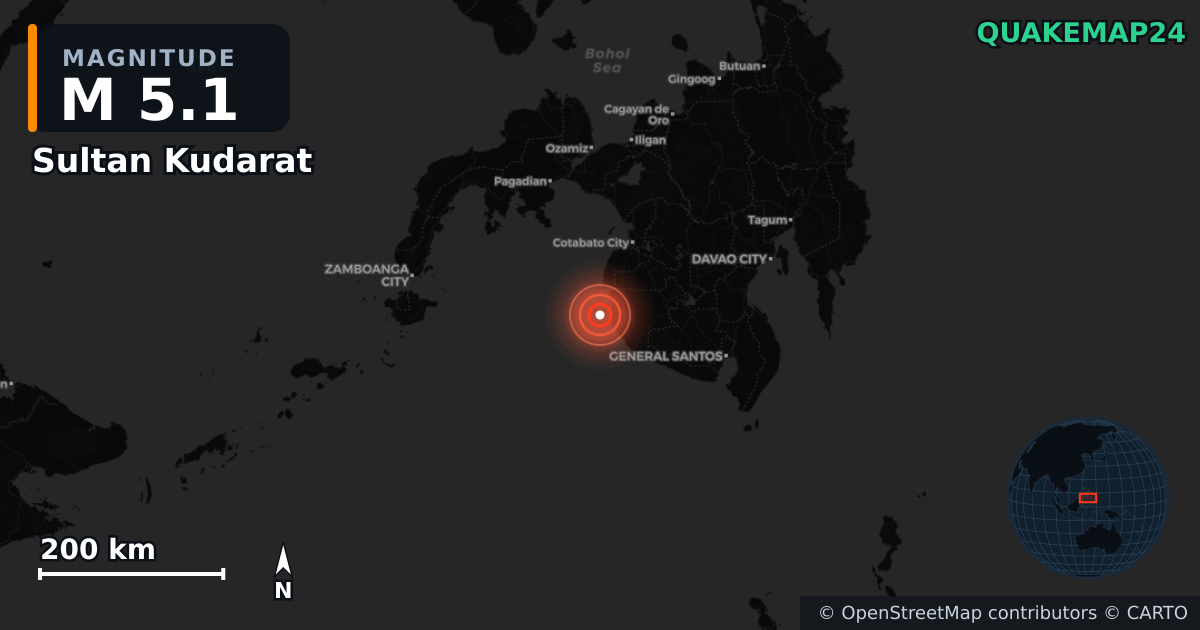 M5.1 earthquake near Sultan Kudarat on Jan 28, 2026 — map of epicenter and shaking intensity | QuakeMap24