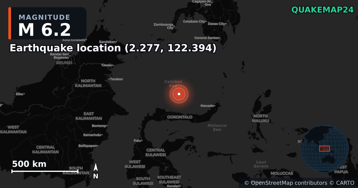 M6.2 earthquake near Earthquake location (2.277, 122.394) on Jul 14, 2025 — map of epicenter and shaking intensity | QuakeMap24