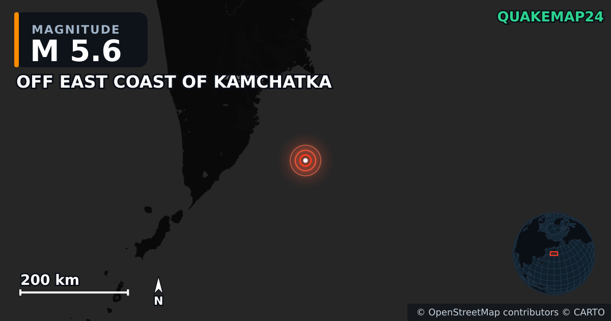 M5.6 earthquake near OFF EAST COAST OF KAMCHATKA on Jul 30, 2025 — map of epicenter and shaking intensity | QuakeMap24