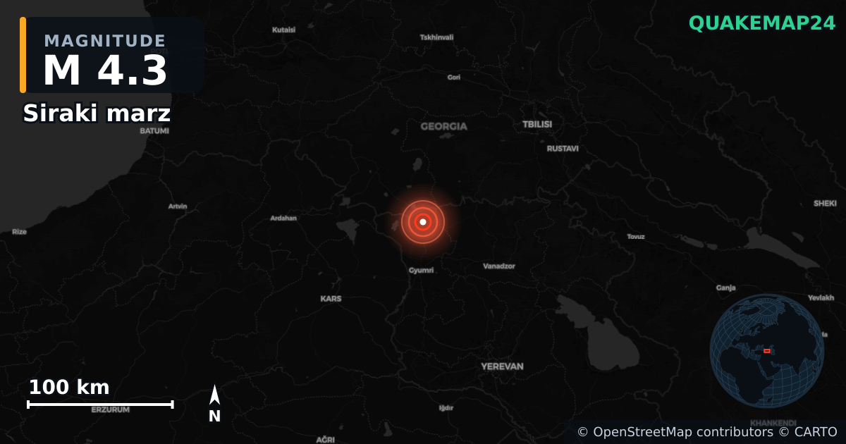 M4.3 earthquake near Siraki marz on Nov 2, 2025 — map of epicenter and shaking intensity | QuakeMap24