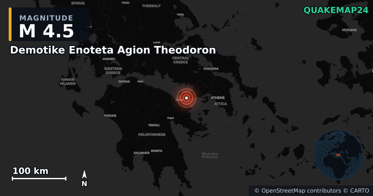 M4.5 earthquake near Demotike Enoteta Agion Theodoron on Feb 16, 2026 — map of epicenter and shaking intensity | QuakeMap24
