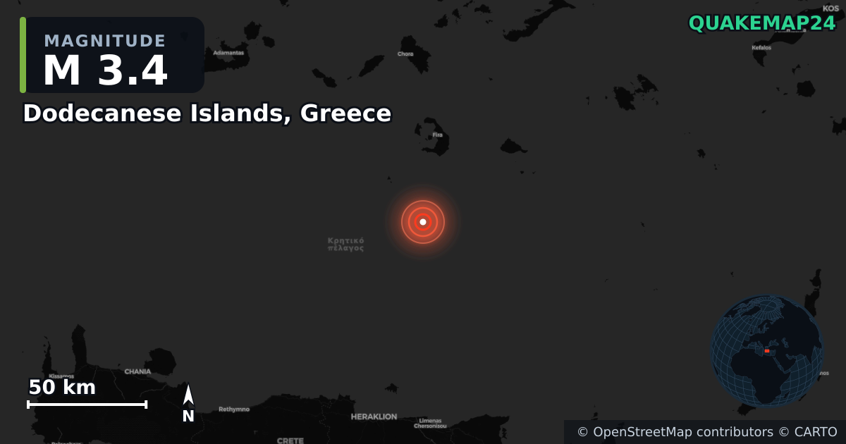 M3.4 earthquake near Dodecanese Islands, Greece on Dec 28, 2025 — map of epicenter and shaking intensity | QuakeMap24