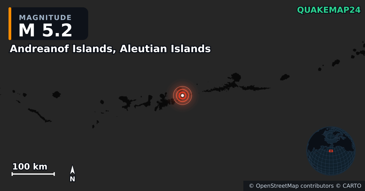 Erdbeben M5,2 bei Andreanof Islands, Aleutian Islands — Karte der Lage des Epizentrums