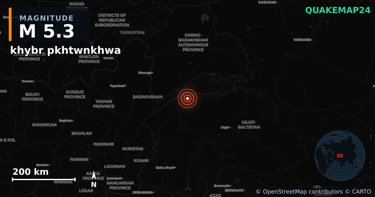 M5.3 earthquake near khybr pkhtwnkhwa on Oct 17, 2025 — map of epicenter and shaking intensity | QuakeMap24
