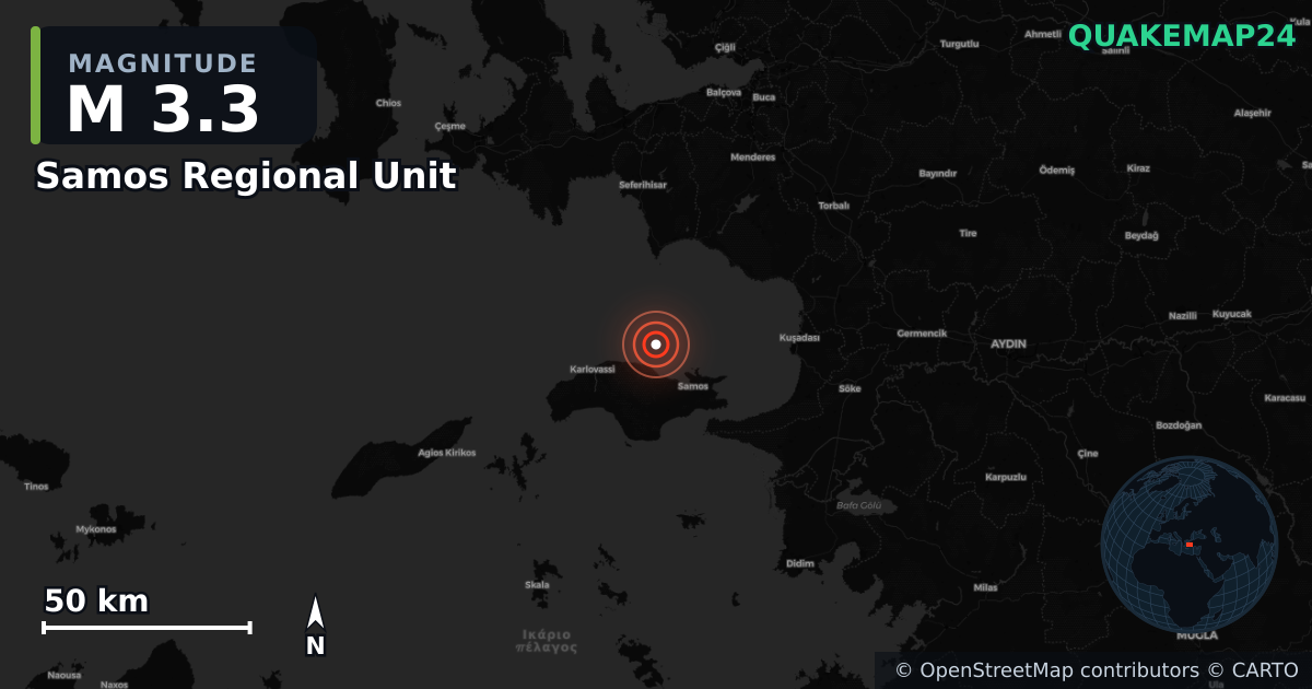 M3.3 earthquake near Samos Regional Unit on Jul 9, 2026 — map of epicenter and shaking intensity | QuakeMap24