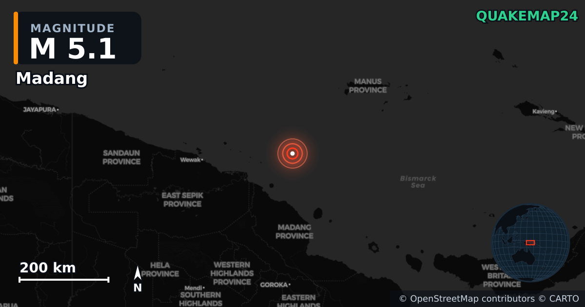 M5.1 earthquake near Madang on May 17, 2025 — map of epicenter and shaking intensity | QuakeMap24