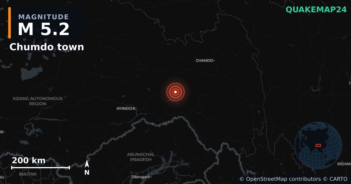 Erdbeben M5,2 bei Chumdo town, Xizang (China) · 2026-10-27 — Karte der Lage des Epizentrums