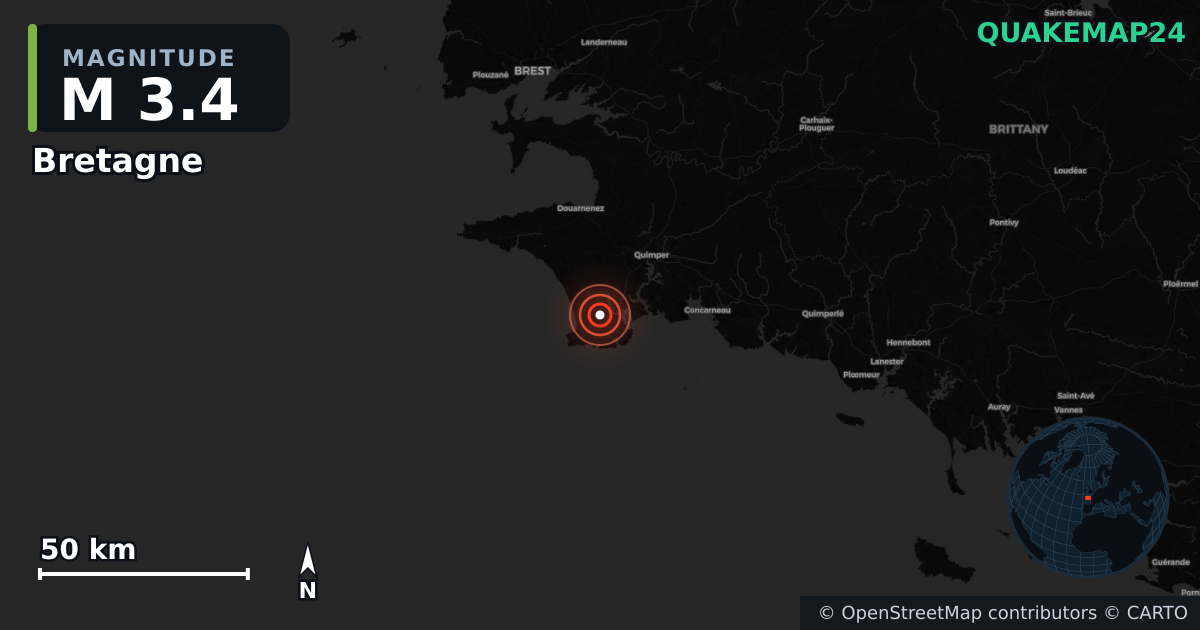 M3.4 earthquake near Bretagne on Jul 29, 2025 — map of epicenter and shaking intensity | QuakeMap24