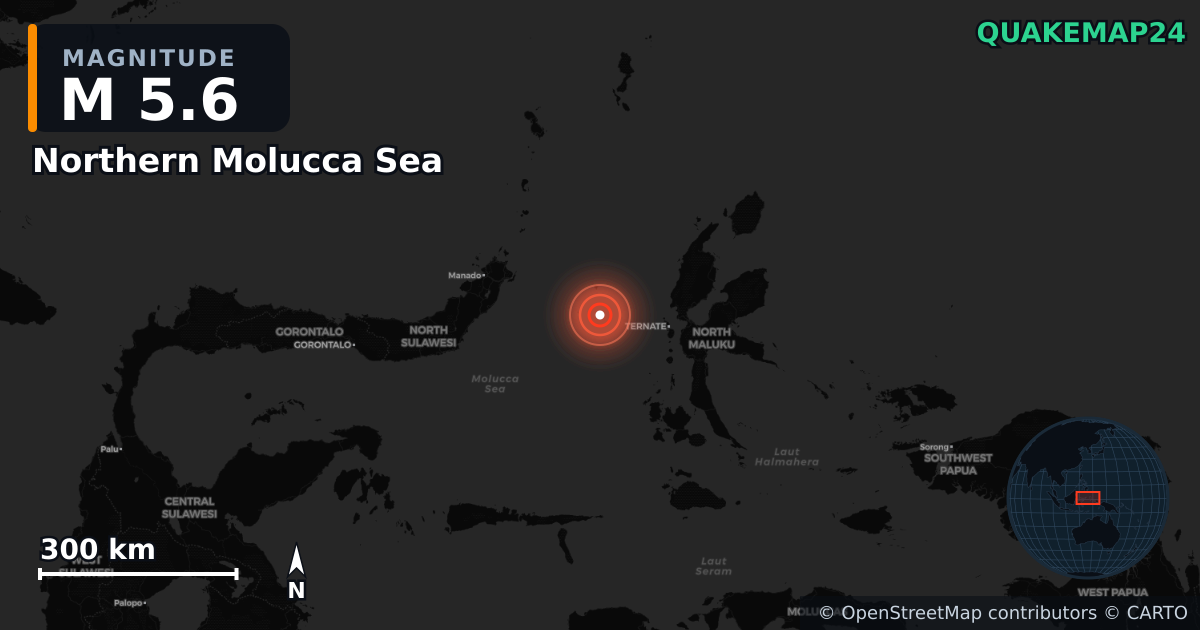 Erdbeben M5,6 bei Northern Molucca Sea — Karte der Lage des Epizentrums