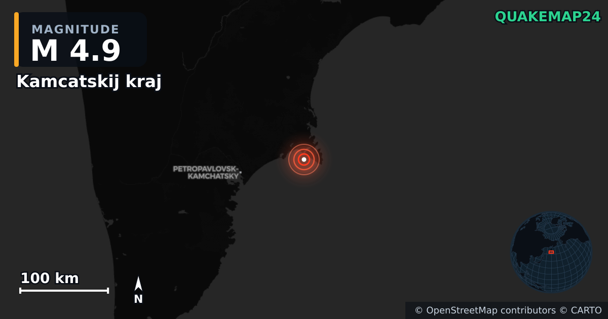 M4.9 earthquake near Kamcatskij kraj on Oct 20, 2025 — map of epicenter and shaking intensity | QuakeMap24