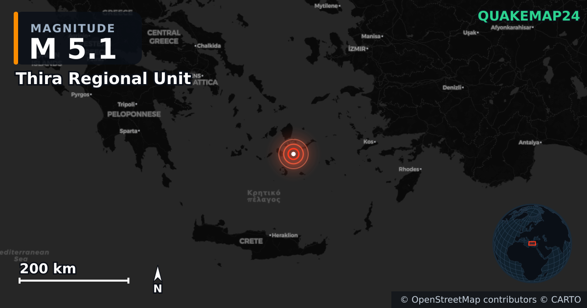 M5.1 earthquake near Thira Regional Unit on Feb 10, 2025 — map of epicenter and shaking intensity | QuakeMap24