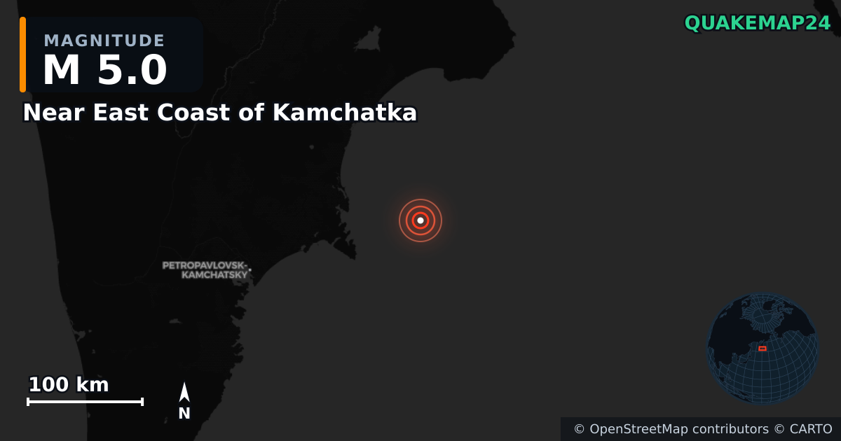 M5.0 earthquake near Near East Coast of Kamchatka on Sep 21, 2025 — map of epicenter and shaking intensity | QuakeMap24