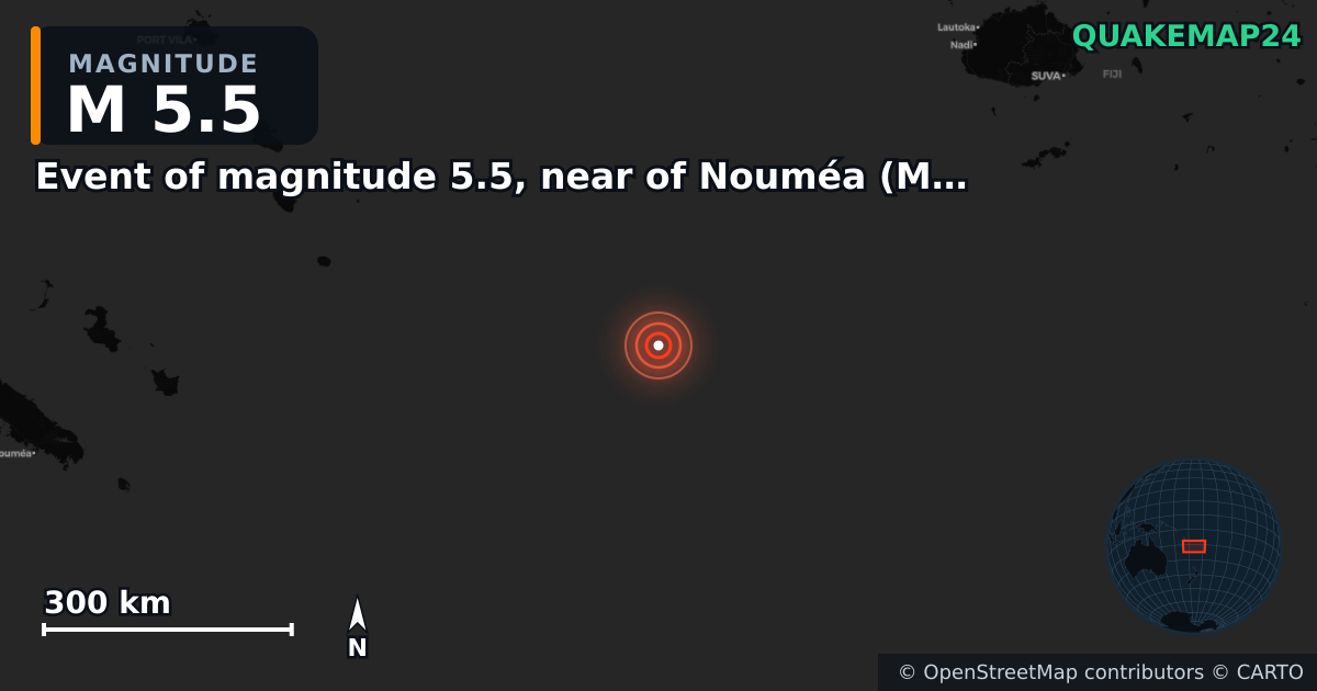 M5.5 Earthquake near Event of magnitude 5.5, near of Nouméa (Monde) · 2025-09-08 — Map showing the location of the epicenter