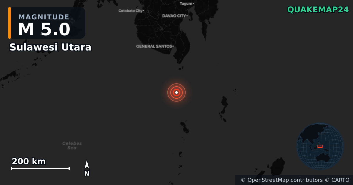 M5.0 earthquake near Sulawesi Utara on Oct 5, 2025 — map of epicenter and shaking intensity | QuakeMap24